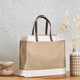 Okiyo Reza Jute & Cotton Tote with Leather Handles - NATURAL