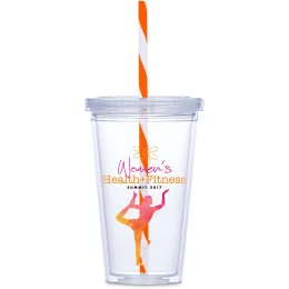Malibu Double-Wall Plastic Tumbler & Straw - ORANGE